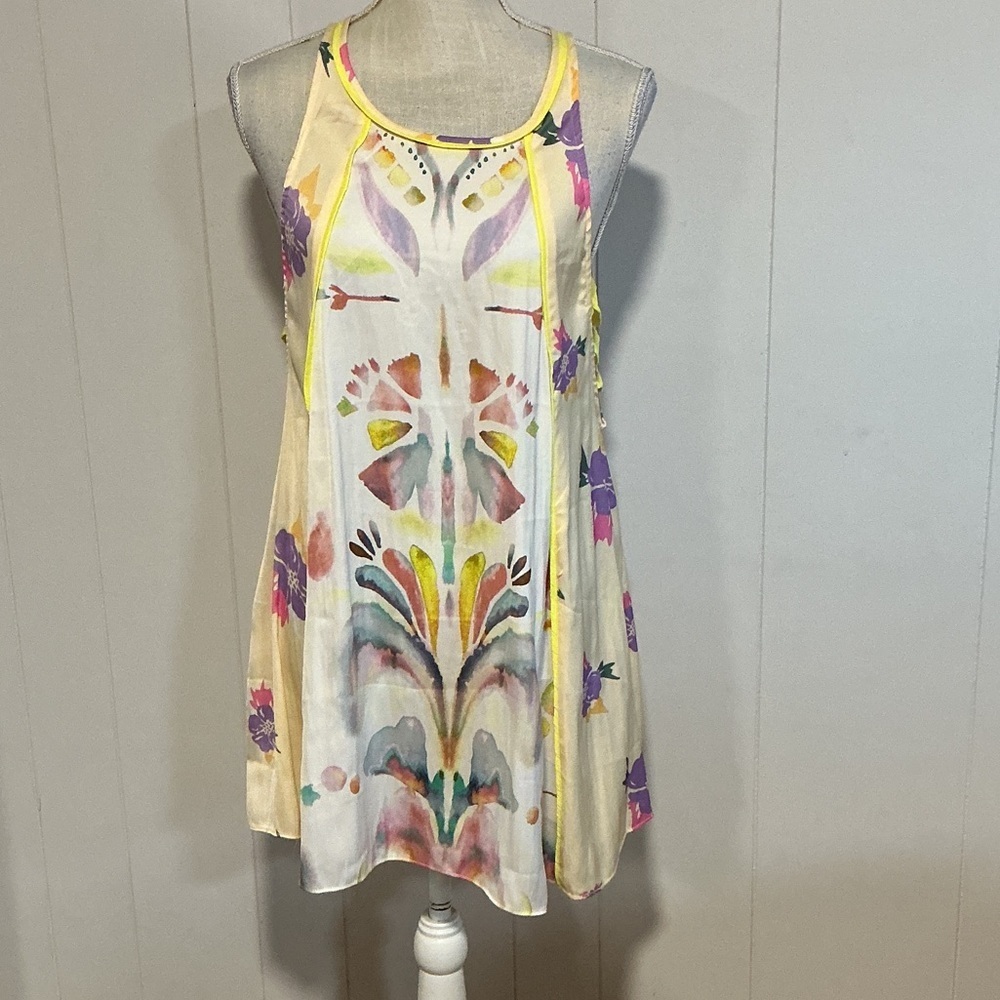Free People Cream Floral Watercolor Swing Tank with Yellow Trim